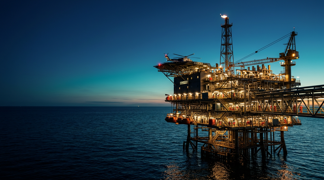 Plataforma petrolera offshore al atardecer, operación energética en alta mar